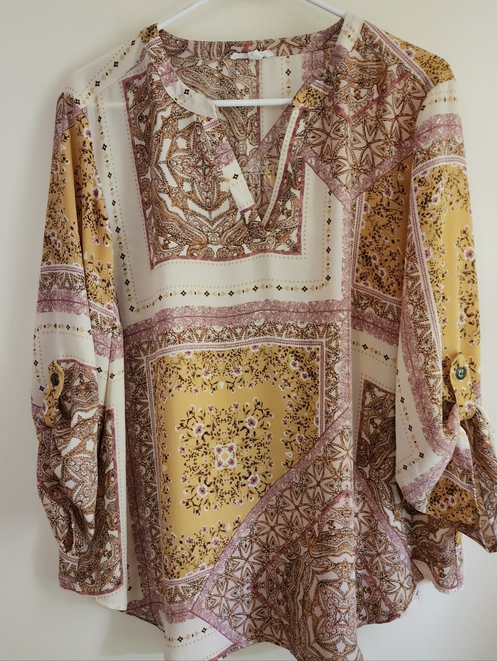 Maurices Yellow and Cream Paisley Patchwork V-Neck Blouse